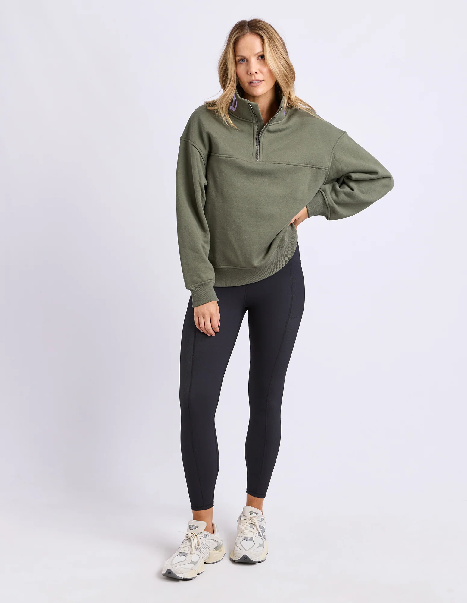 College Contrast Zip Crew Khaki With Lilac - Image 3