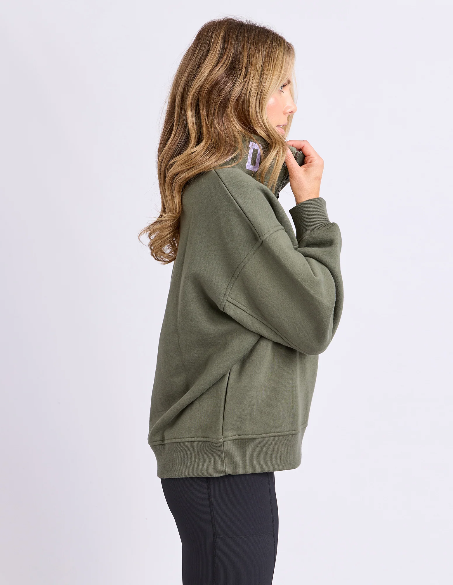College Contrast Zip Crew Khaki With Lilac - Image 4