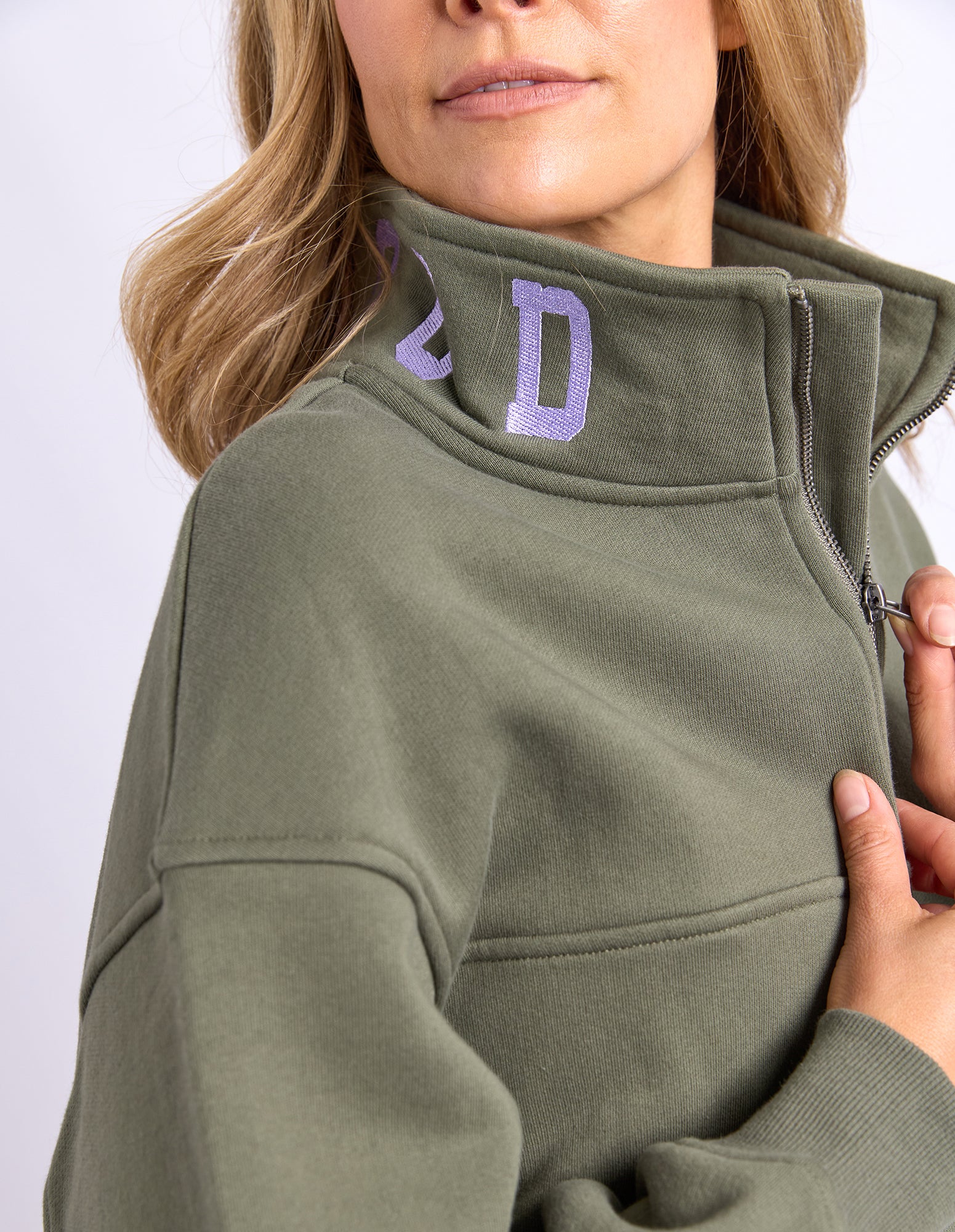College Contrast Zip Crew Khaki With Lilac - Image 5