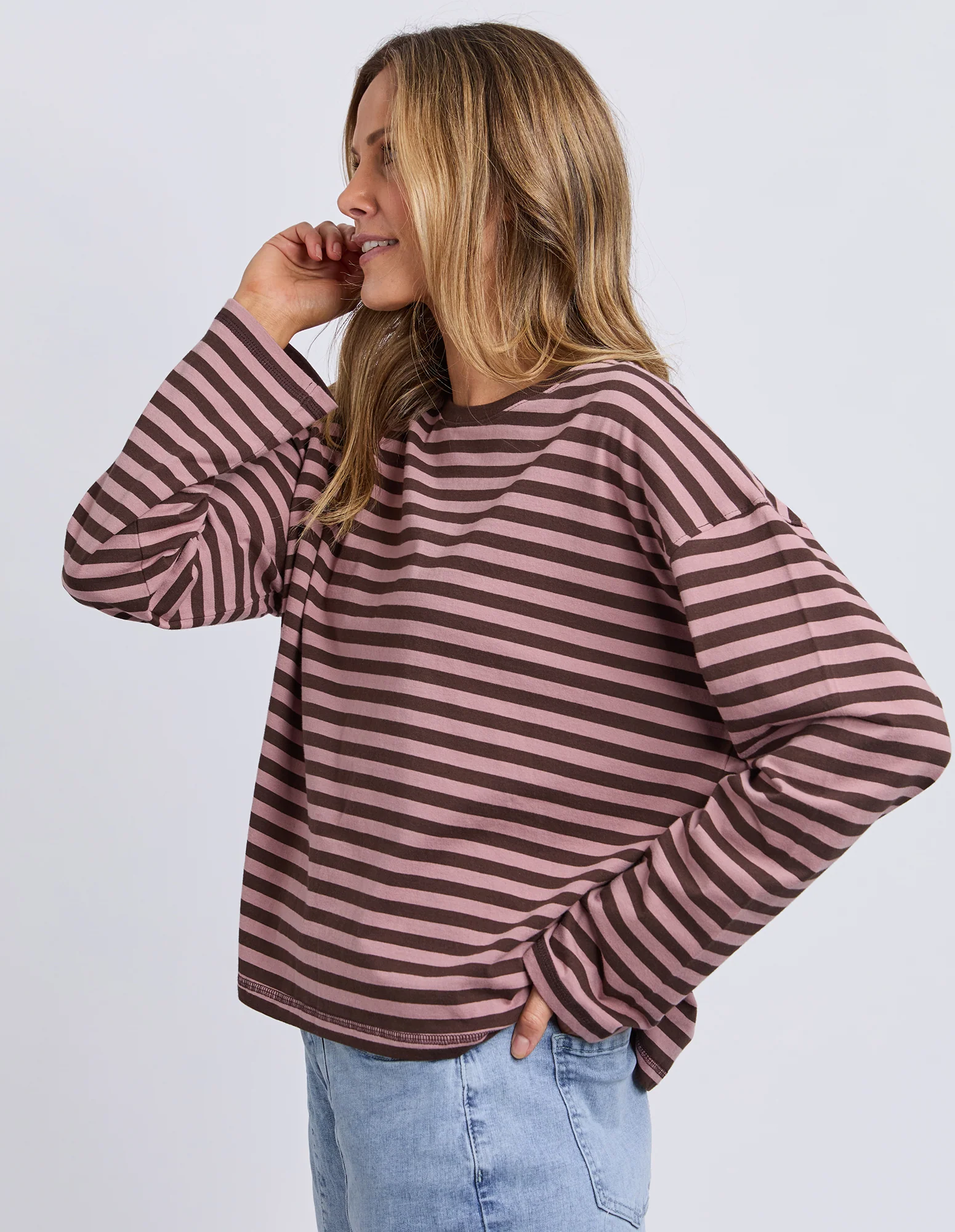 Lola Stripe Long Sleeve Coffee & Dusty Rose - Image 4