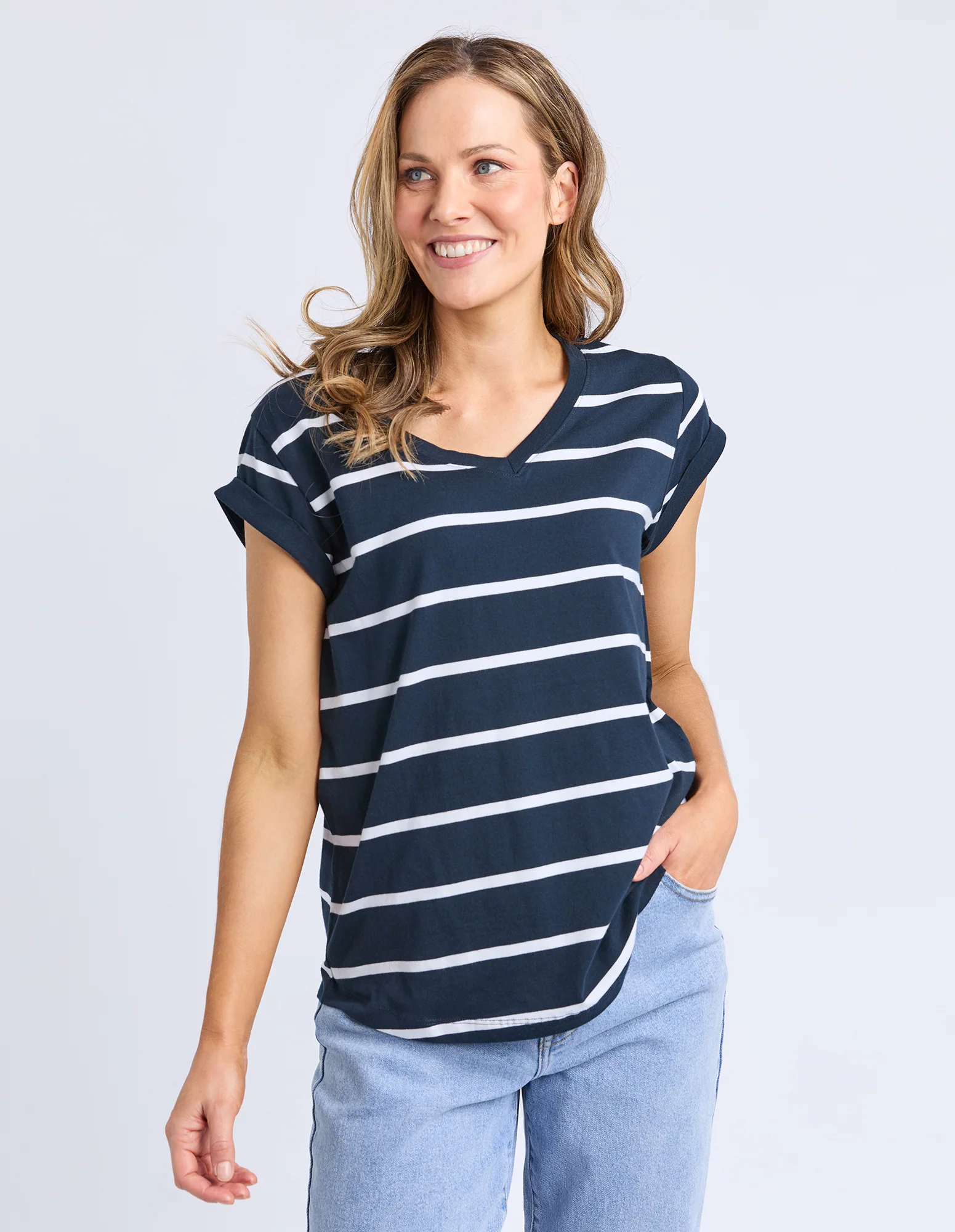 Manly Stripe Vee Tee Dark Sapphire/ White