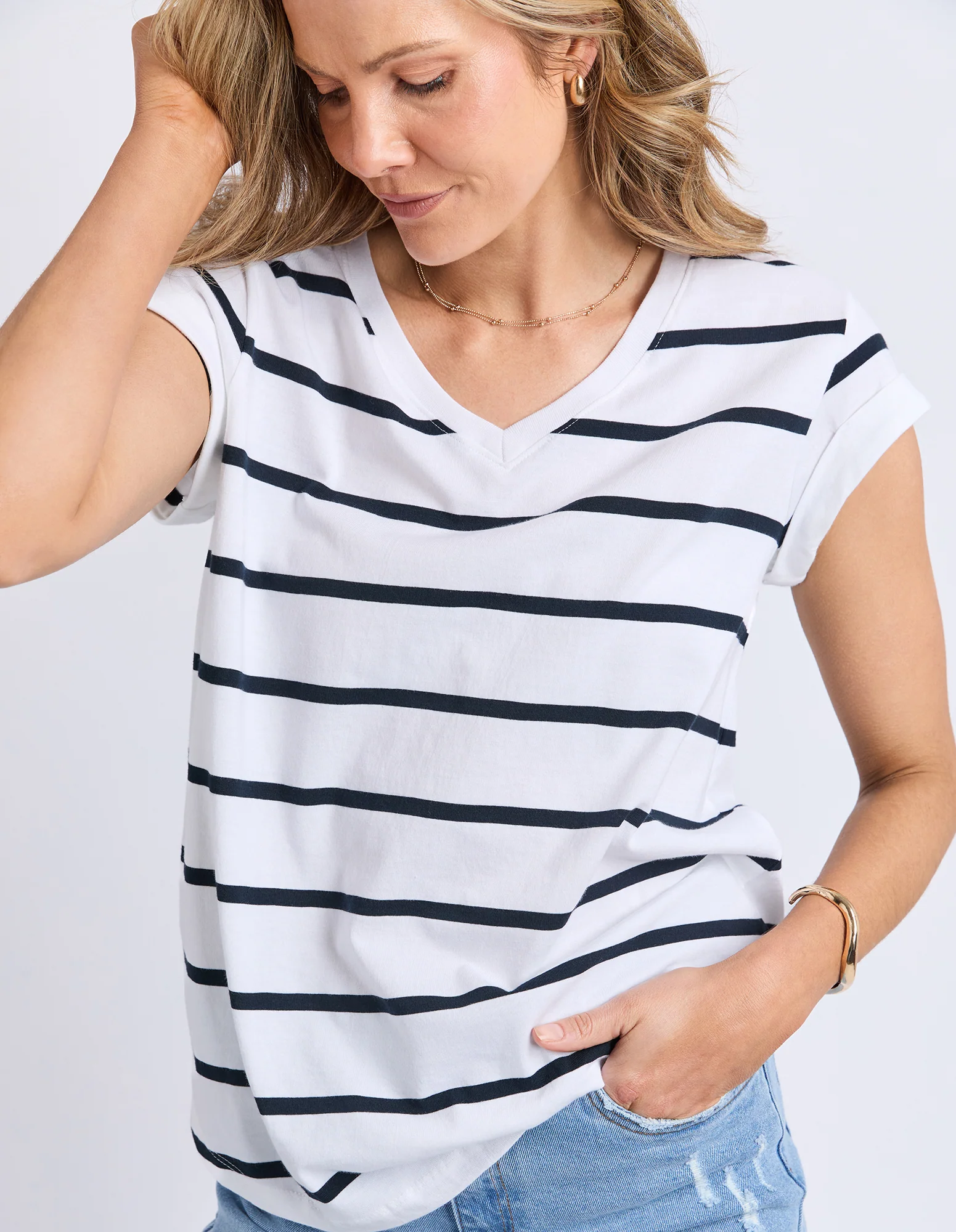 Manly Stripe Vee Tee White/ Navy Stripe - Image 5