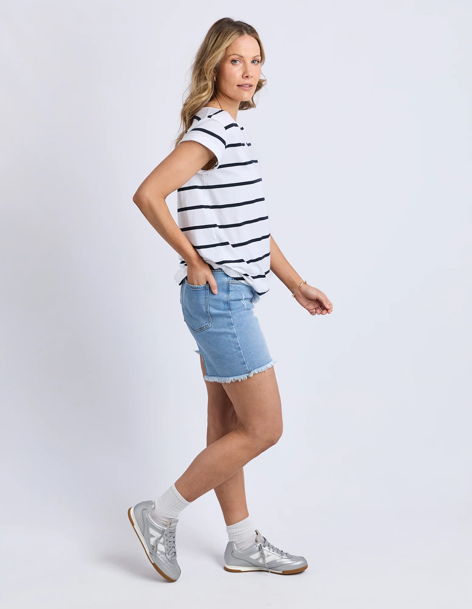 Manly Stripe Vee Tee White/ Navy Stripe - Image 6
